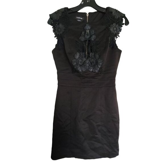 Bebe Black Floral Lace Cap Sleeve Exposed Back Silver Zipper Satin Mini Dress XS - Picture 12 of 12